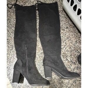 Black Faux Suede Over The Knee Boots Block Heel Tie Back Pointed Toe Womens 7.5‎